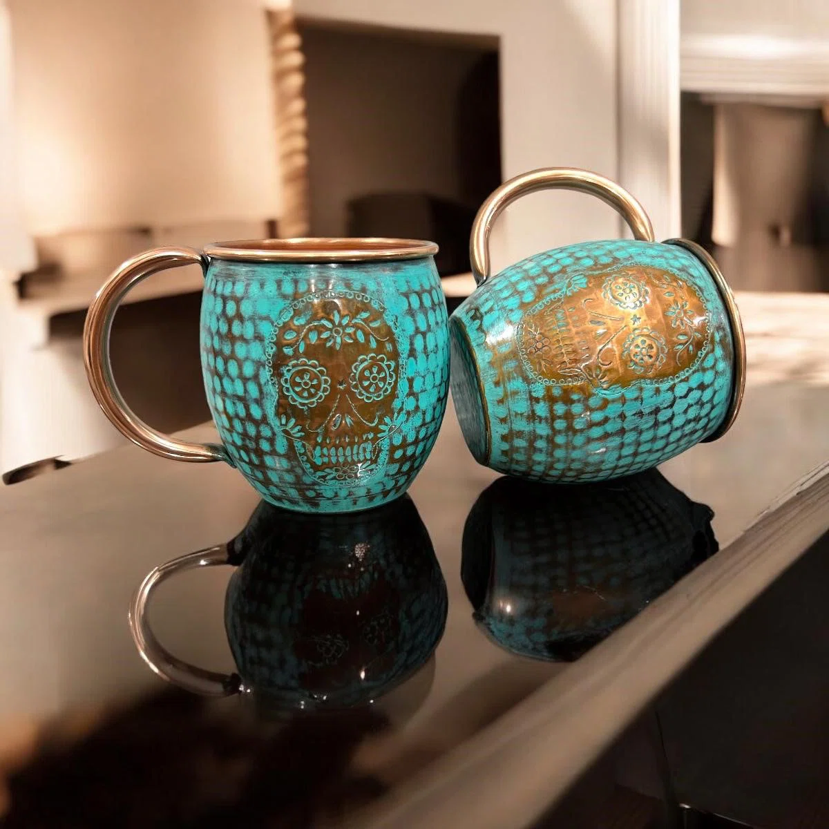 Artisan-Crafted Santa Clara Copper Drinkware, Set of 2 – Textured Barrel Cups with Soft Mint Finish for Cocktails - Image 4