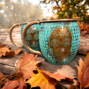 Artisan-Crafted Santa Clara Copper Drinkware, Set of 2 – Textured Barrel Cups with Soft Mint Finish for Cocktails
