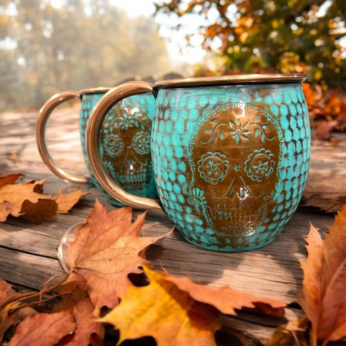 Artisan-Crafted Santa Clara Copper Drinkware, Set of 2 – Textured Barrel Cups with Soft Mint Finish for Cocktails